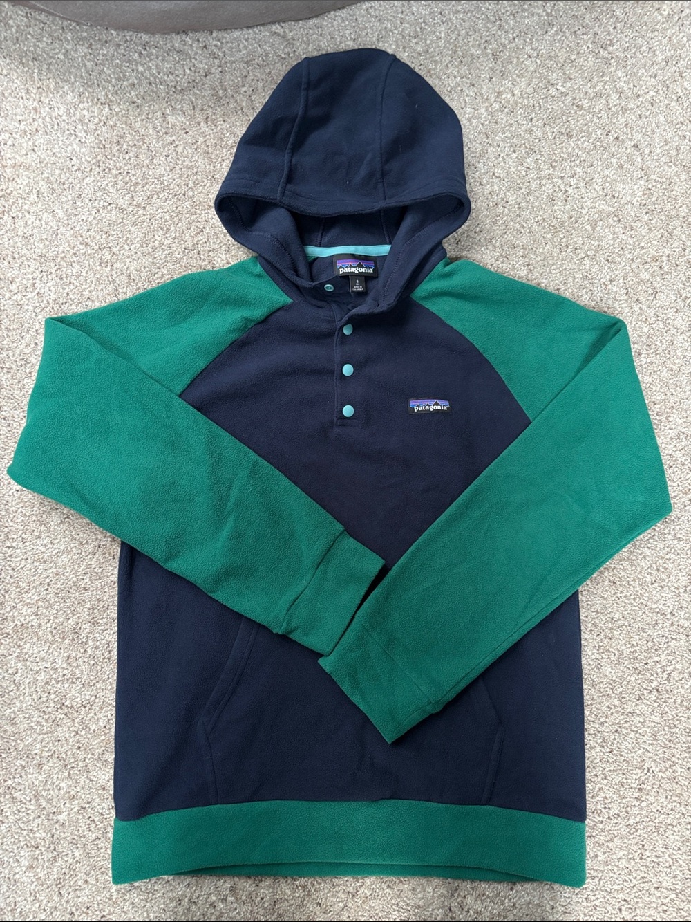 Patagonia Men’s Navy and Green Hooded Pullover